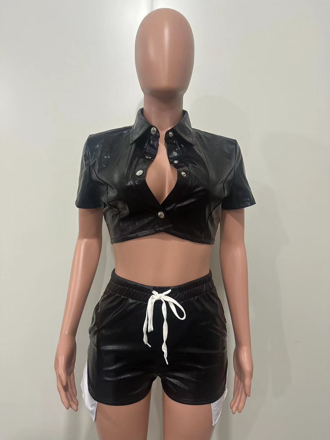 Women's Deep Pocket Slit Pu Leather Short Front Short Back Long Shorts Two-Piece Set 23