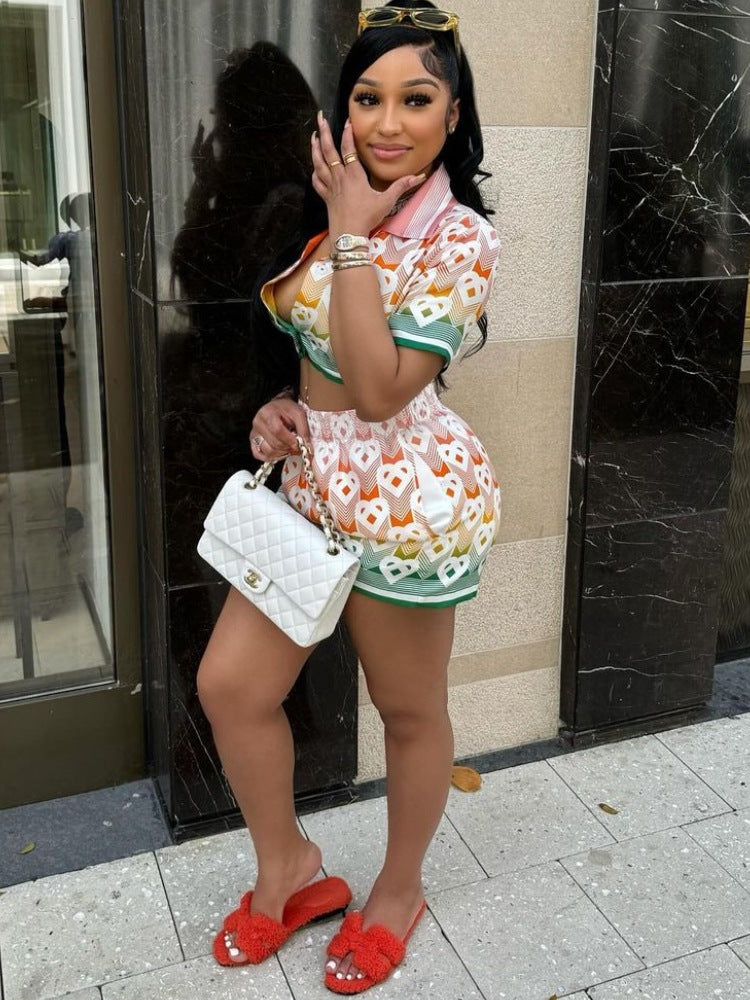 Fashion Fashion Printed Turndown Collar Short Sleeve Top Shorts Two Piece Set