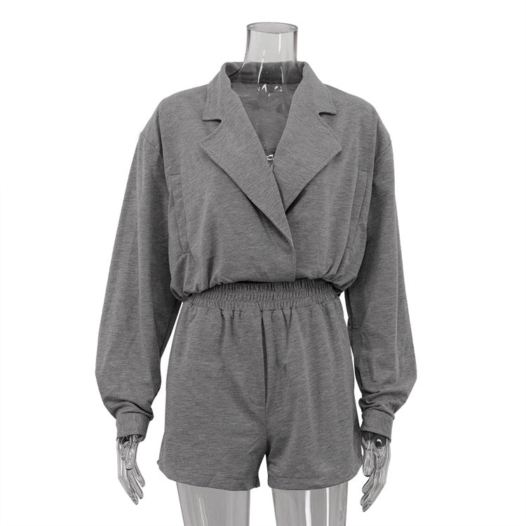 Turn-Down Collar Long Sleeve Cardigan Top & Shorts Two-Piece Career Suit 6