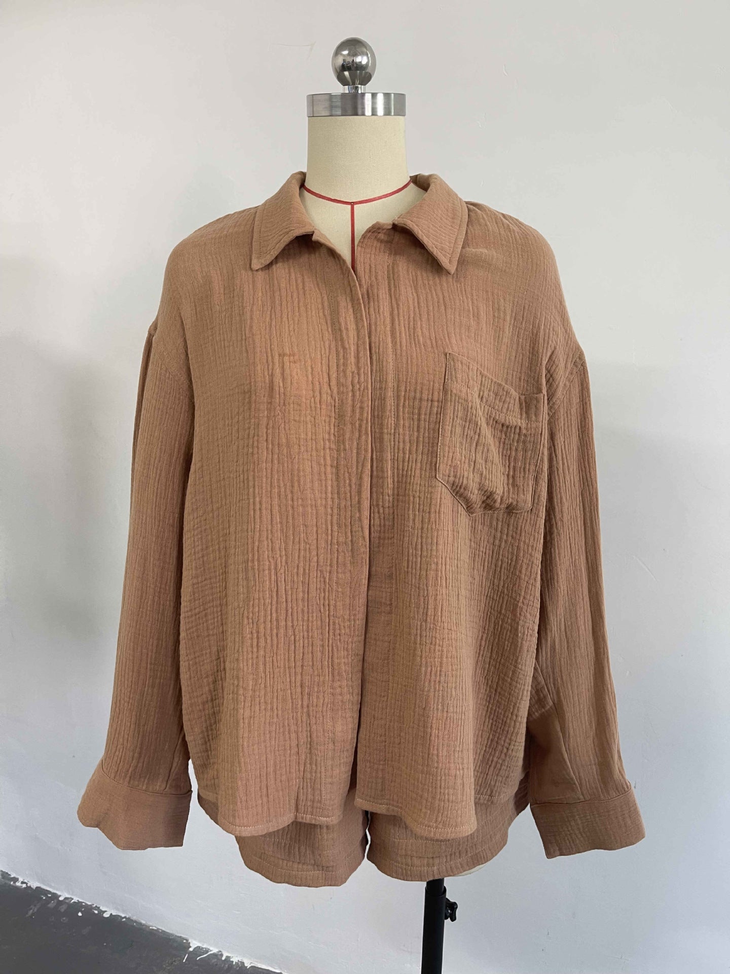 Women's Spring Crinkle Turndown Collar Long Sleeve Shirt High Waist Drawstring Shorts  2PC Set 26