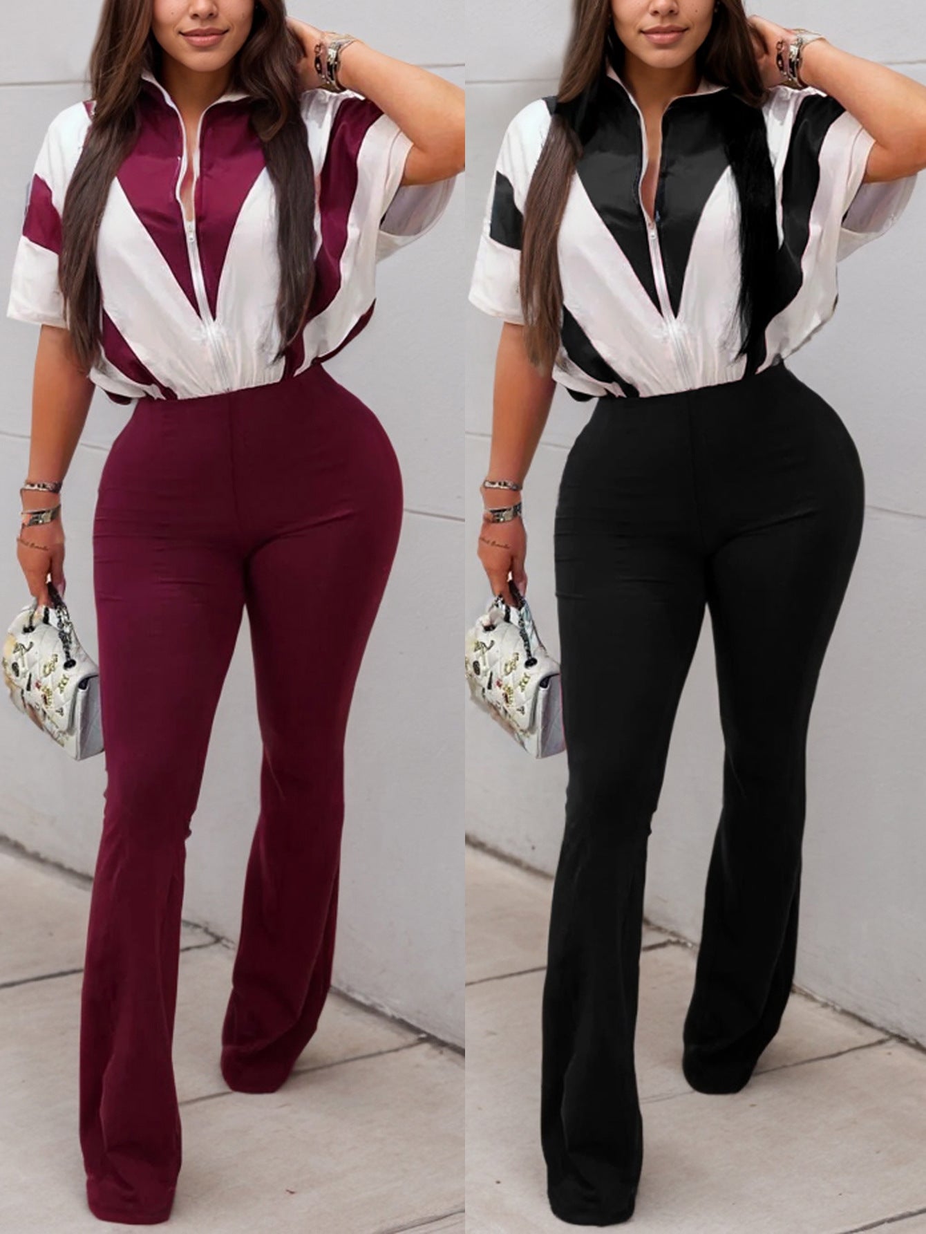 Summer Women's Casual Zipper Patchwork Contrast Jumpsuit 11