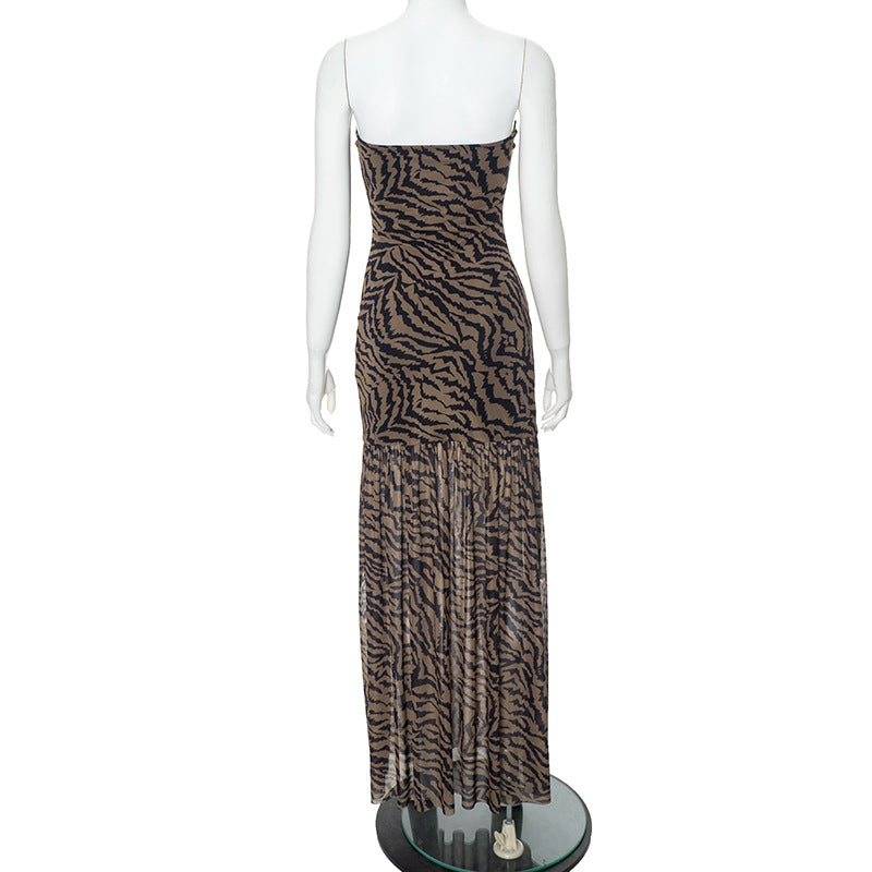 Women's Summer Sexy Strapless Tiger Print Slit Slim Long Dress 8