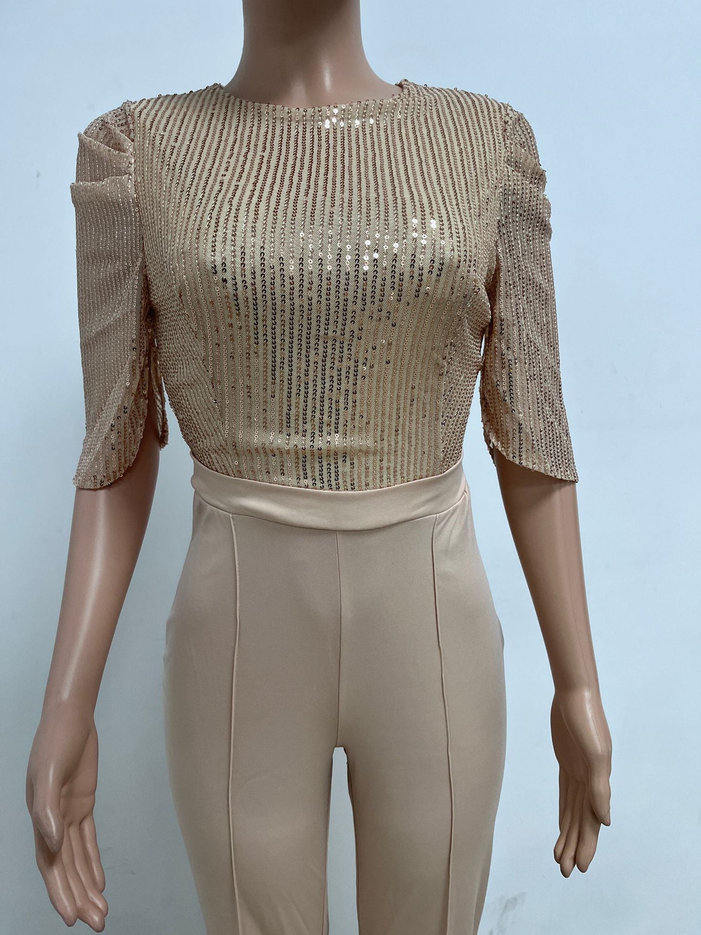 Women's Fashion Sequins Half Sleeve Wide-Leg Chic Ladies Jumpsuit 17