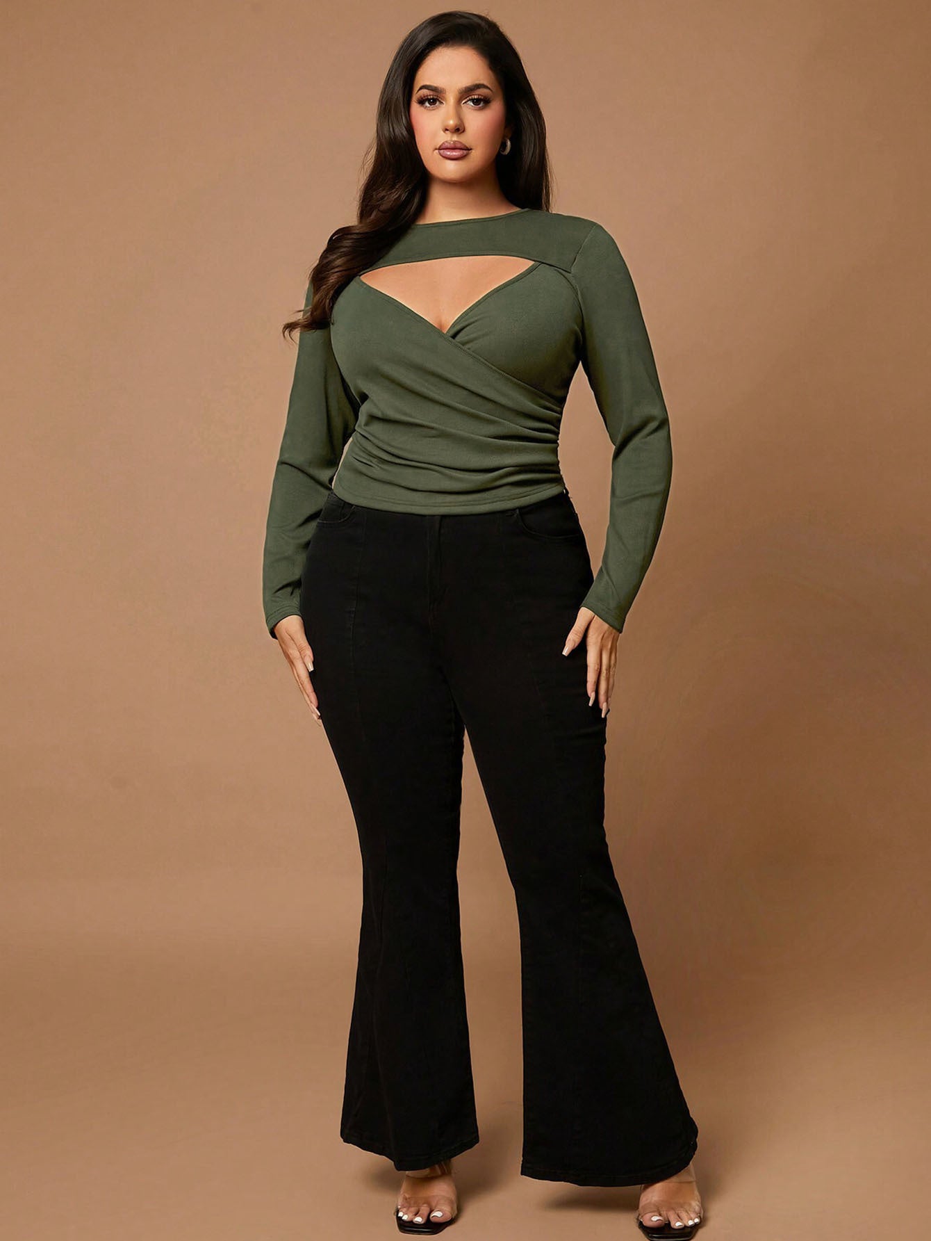 Autumn And Winter Plus Size Women's Sexy Hollow V-Neck Slim Long Sleeve Tops 6