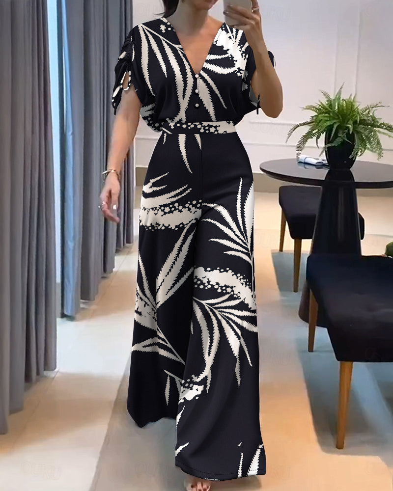 Geometric Print Short Sleeve Wide-Leg V-Neck Jumpsuit 4