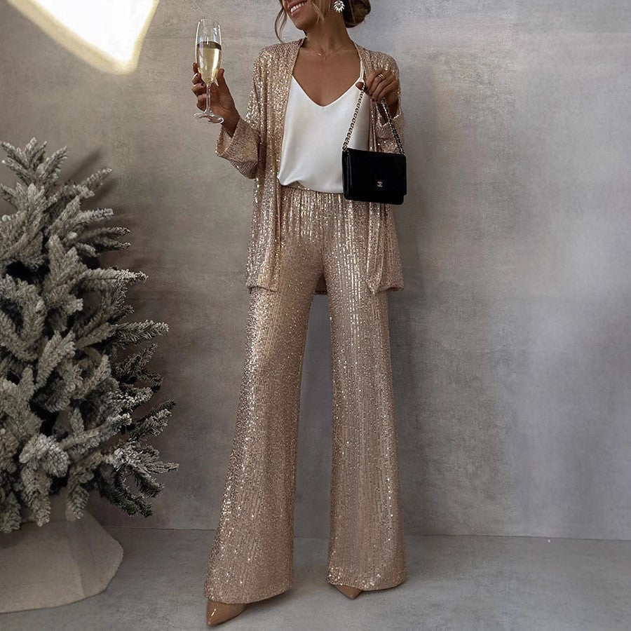 Women's Sequin Long Sleeve Two Piece Pants Set Chic Outerwear 4