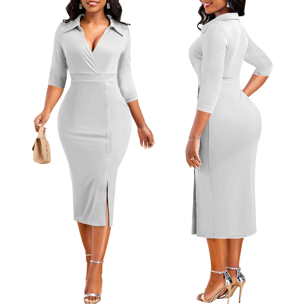Women Solid Lapel Slit Half Sleeve Dress 7