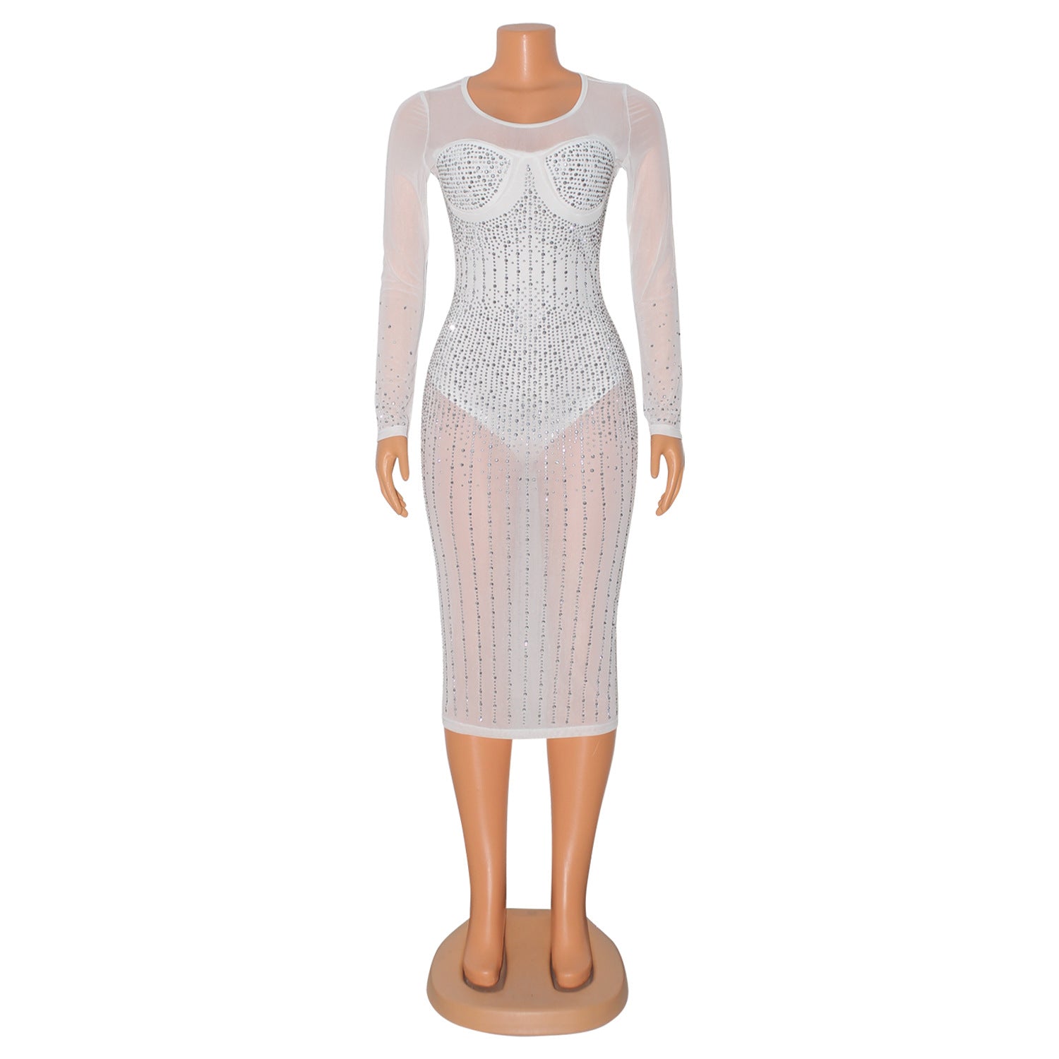 Fall Winter Women's Sexy Mesh Beaded One Piece Long Sleeve Dress 9