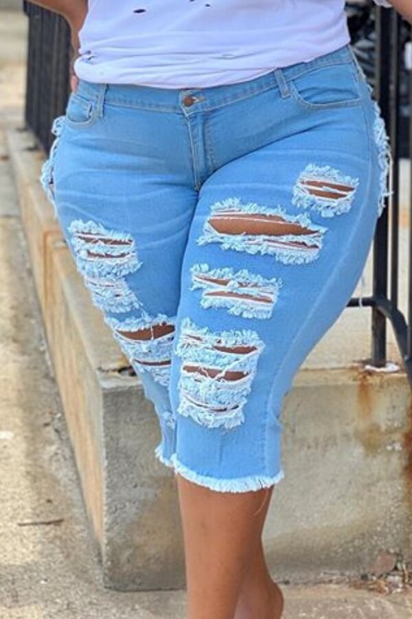 High Waist Elastic Plus Size Ripped Denim Pants