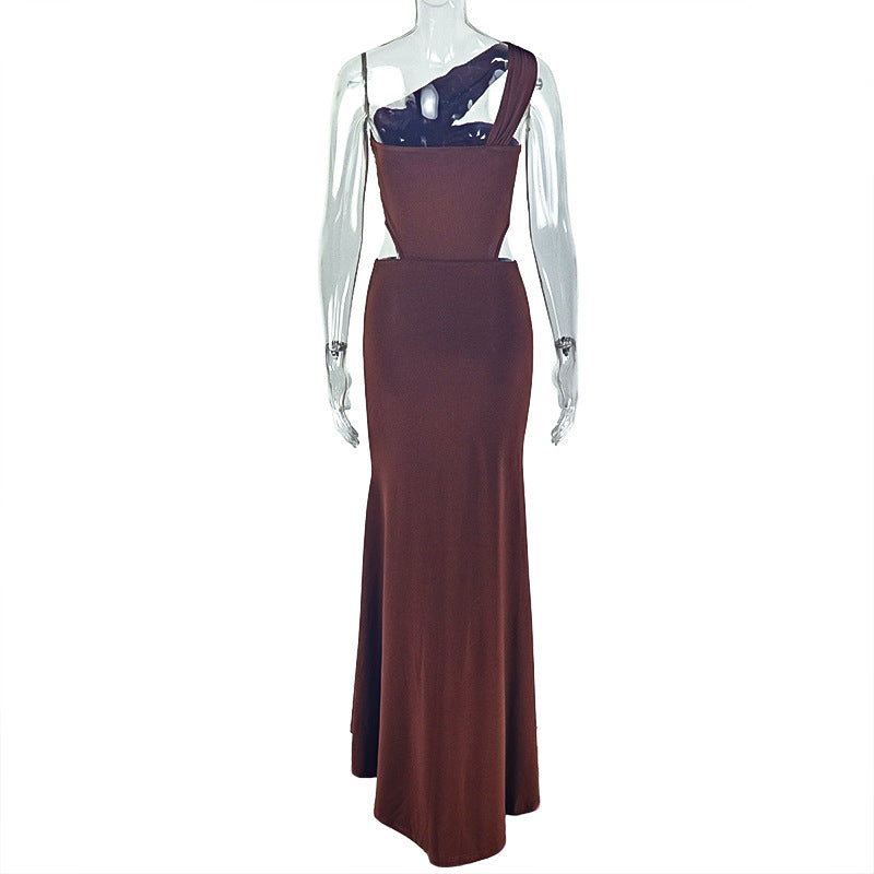 Chic Women’s Pleated Solid Color One-Shoulder Sleeveless Bodycon Long Dress 10