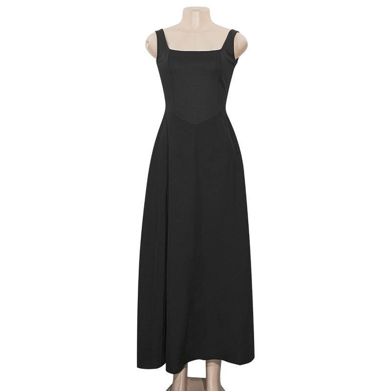 Spring Summer Square Neck Sleeveless Slim Waist Strap Dress 27