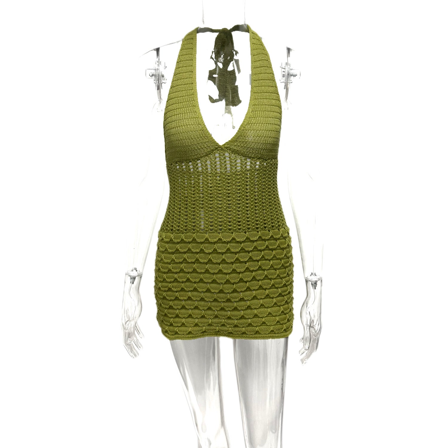 Summer Sexy V-Neck Tie Halter Neck Low Back Solid Color Bodycon Knit Dress 9