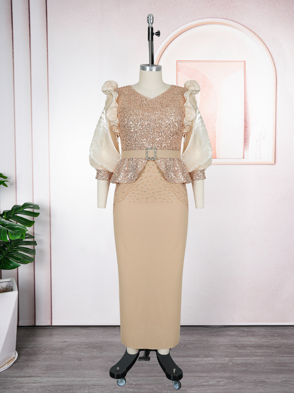 African Plus Size Women's Fashion Puff Sleeve Party Dress Beaded Sequin High Waist Gown 12