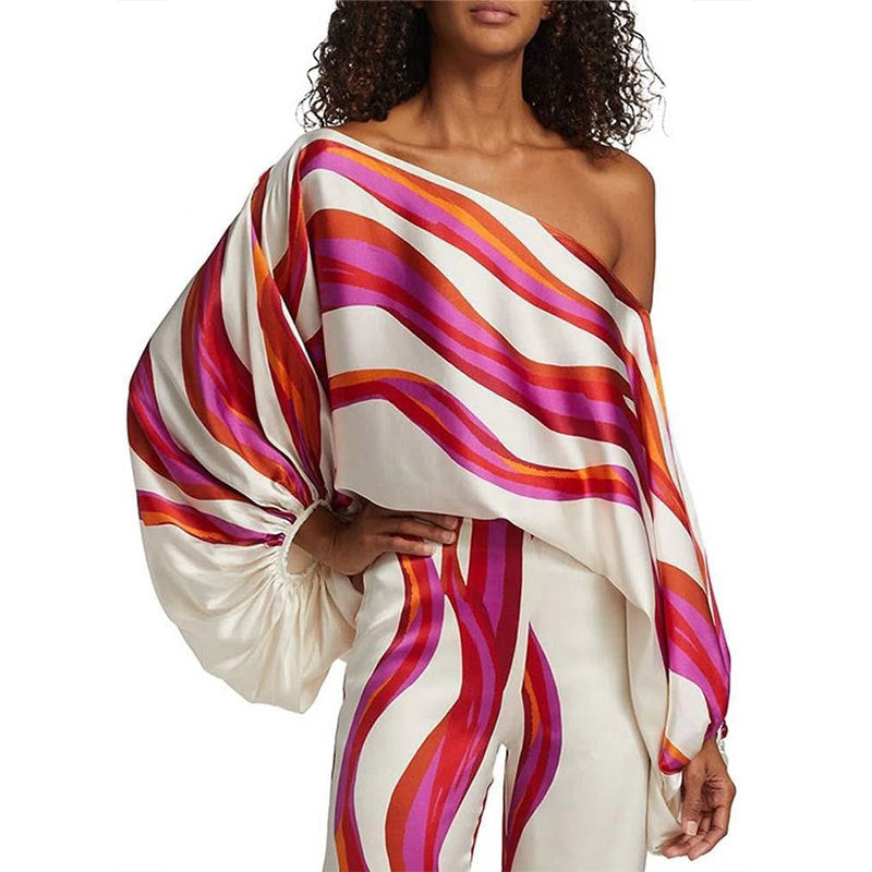 Women Printed Casual Loose Top and Wide Leg Pants Two-piece Set 15