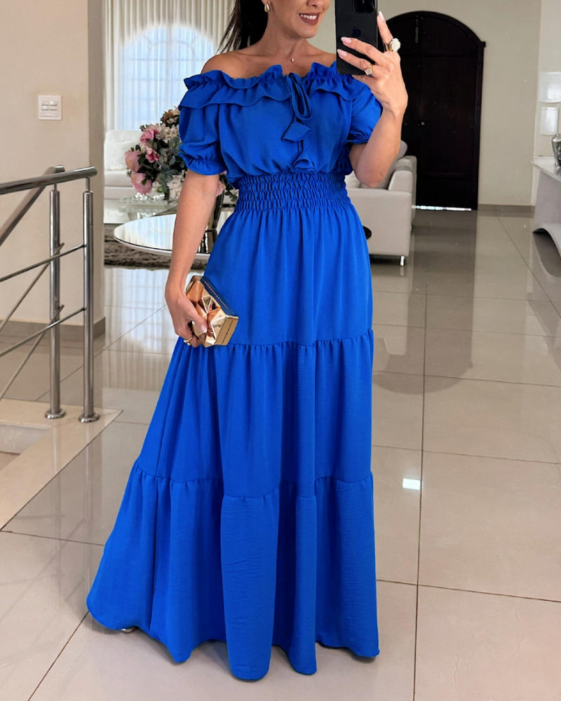 Women Off-Shoulder Ruffle Edge Stretchy Bell Bottom Maxi Dress 3