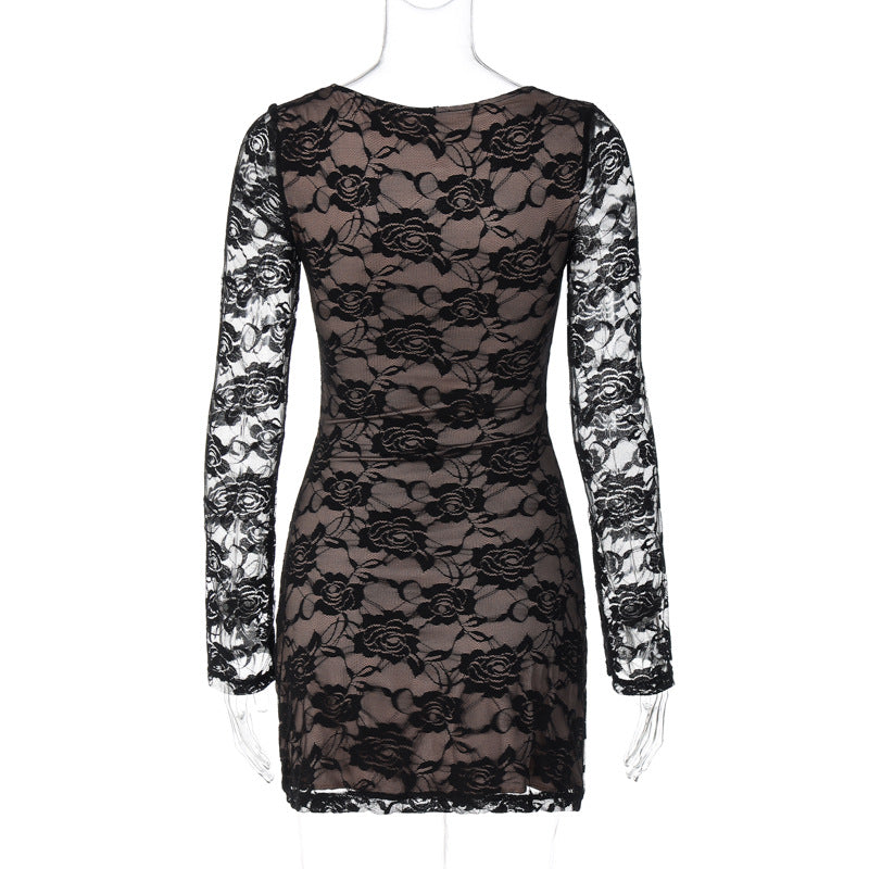 Women's Autumn American Fashion Lace Printed U-Neck Long Sleeve Bodycon Dress 10