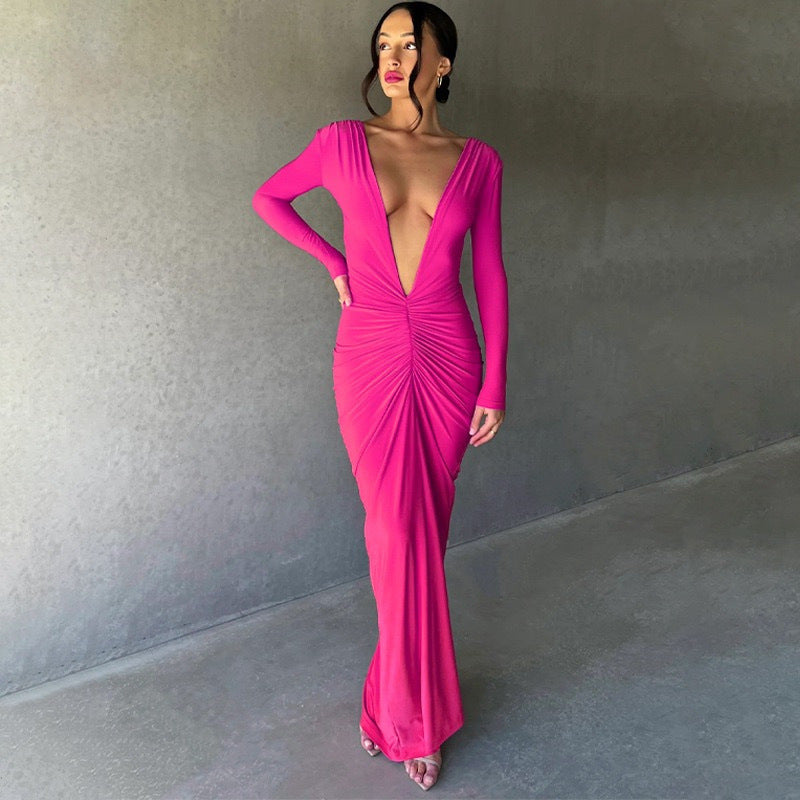 Women Pleated Long Sleeve Backless Bodycon Maxi Evening Dress 4