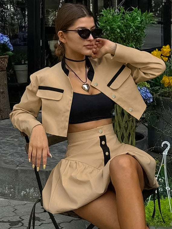 Women Fall Turndown Collar Long Sleeve Crop Top and Skirt Two-piece Set 3