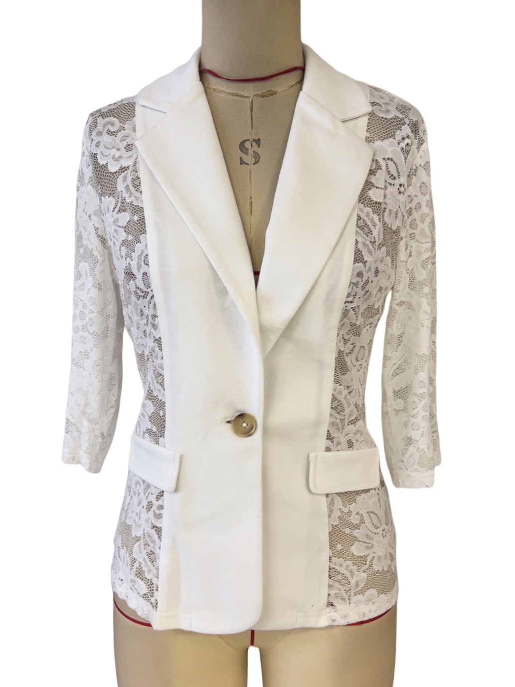 Spring Elegant Solid Color Fashion Lace Patchwork Women's Blazer Jacket 9