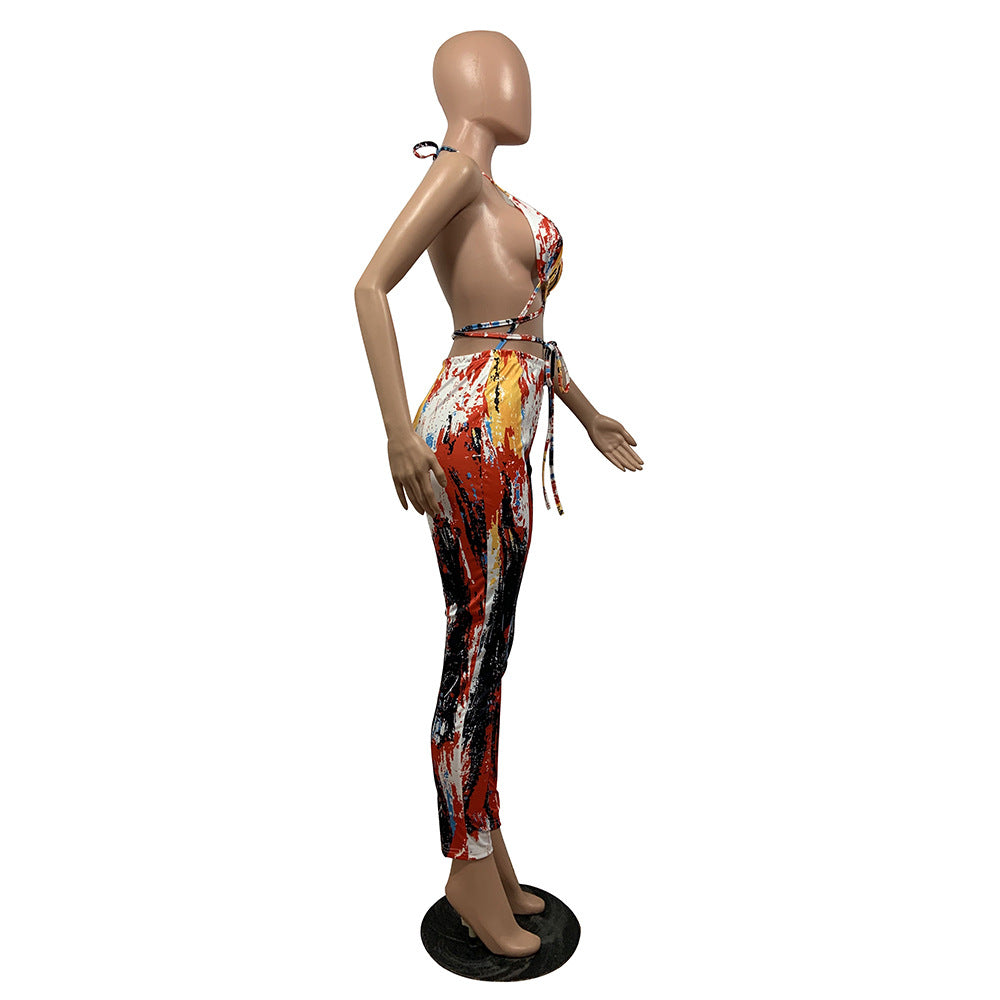 Women's Sexy Fashion Tie-Dye Tie-Up Two-Piece Trousers Set 7