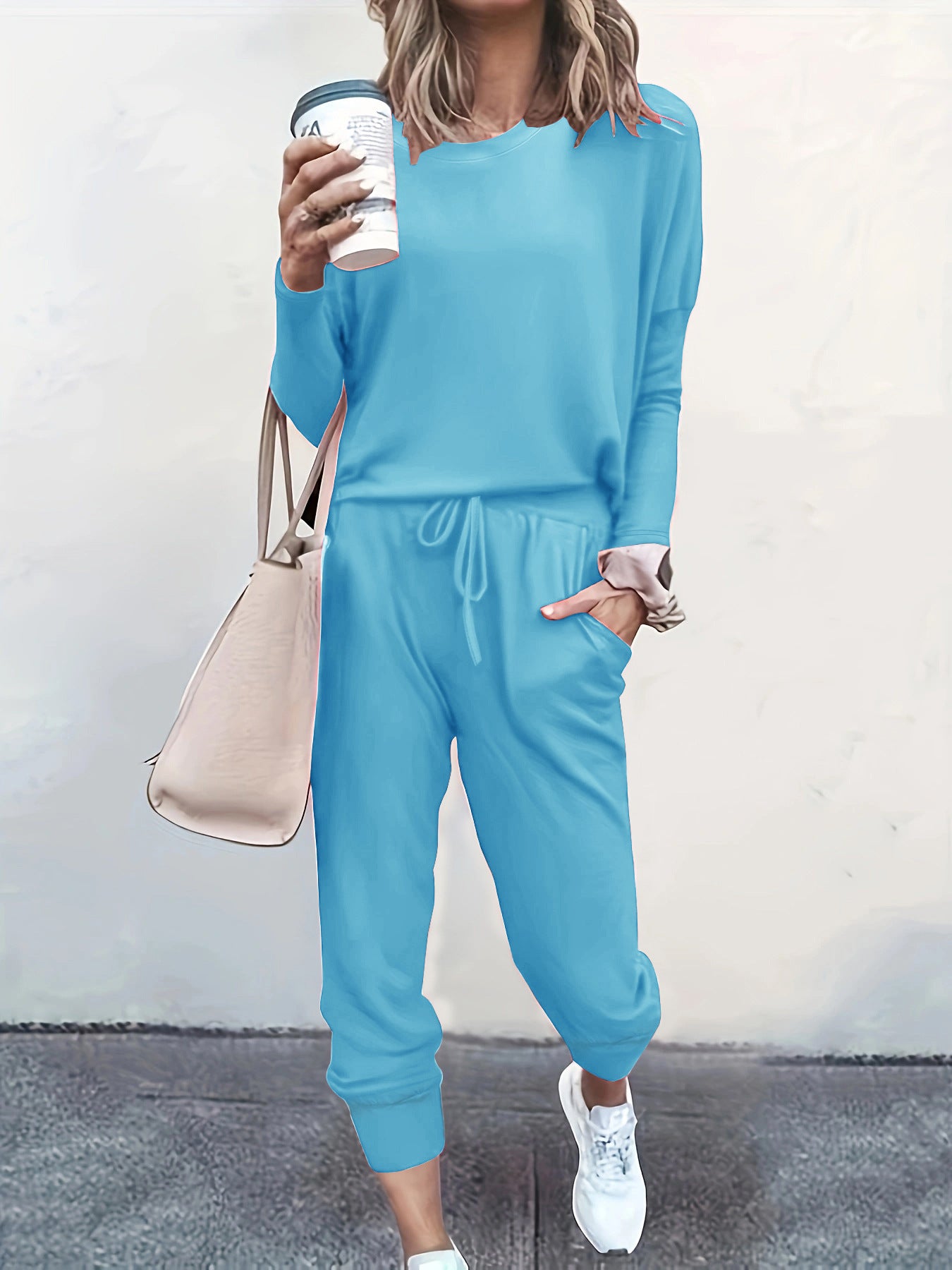 Autumn and Winter Women's Clothing Round Neck Loose Solid Color Long Casual Two-piece Pants Set 7