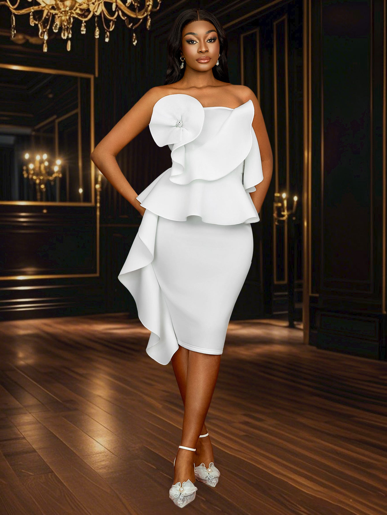 Women Sexy Strapless Lotus Leaf Lace Elegant Bodycon Dress 9