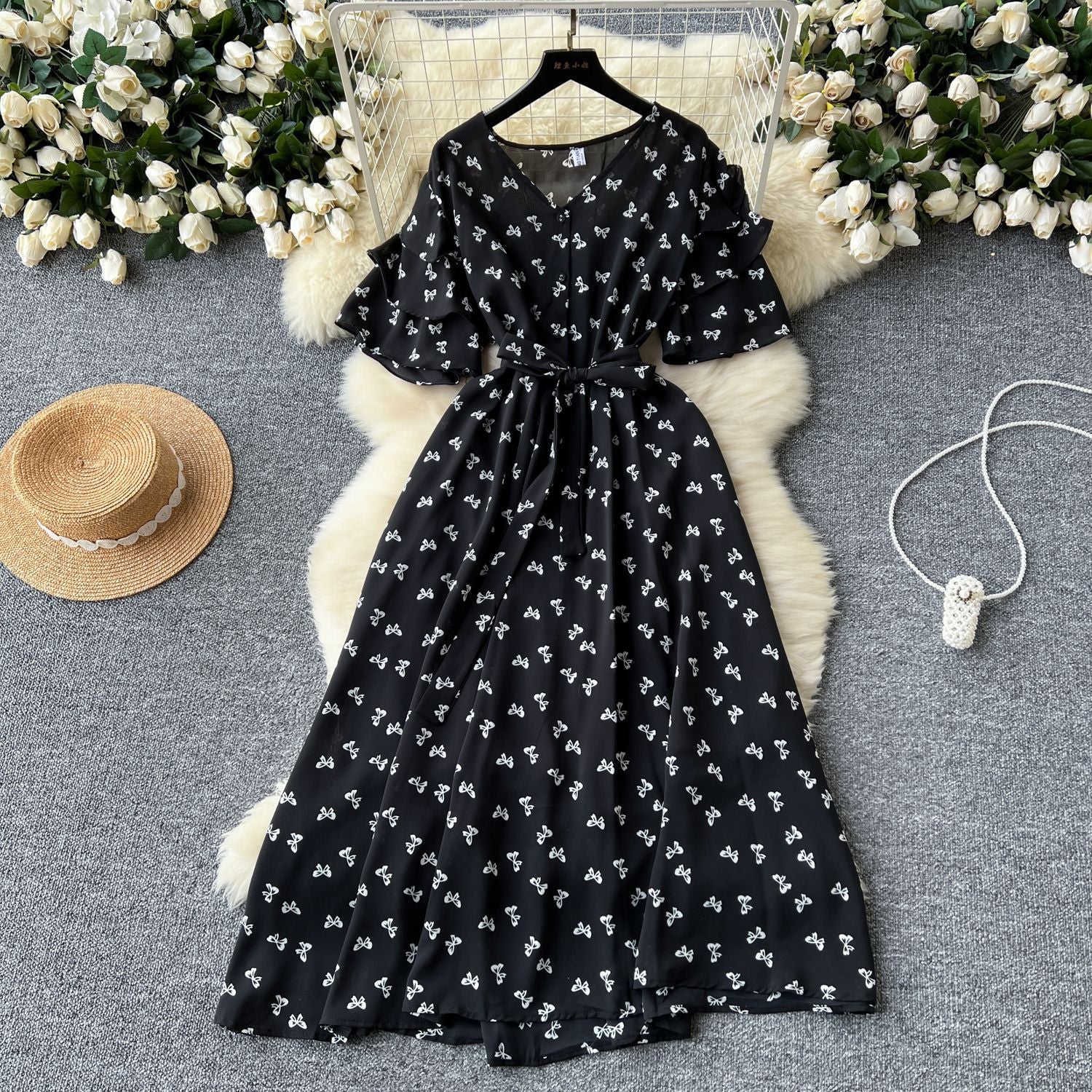 V-Neck Bell Sleeve Tie Waist A-Line Floral Dress 11