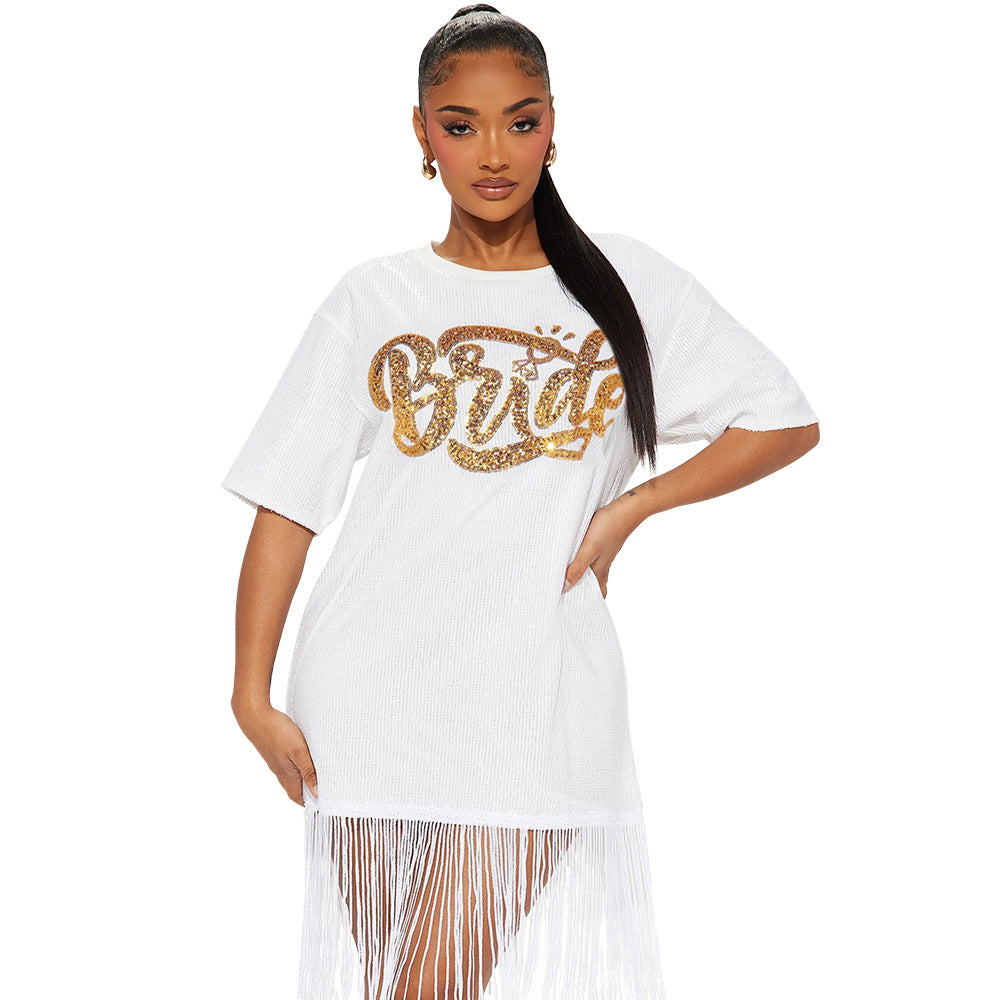 Women Fashion Round Neck Short Sleeve Sequin Tassel Casual Dress 10