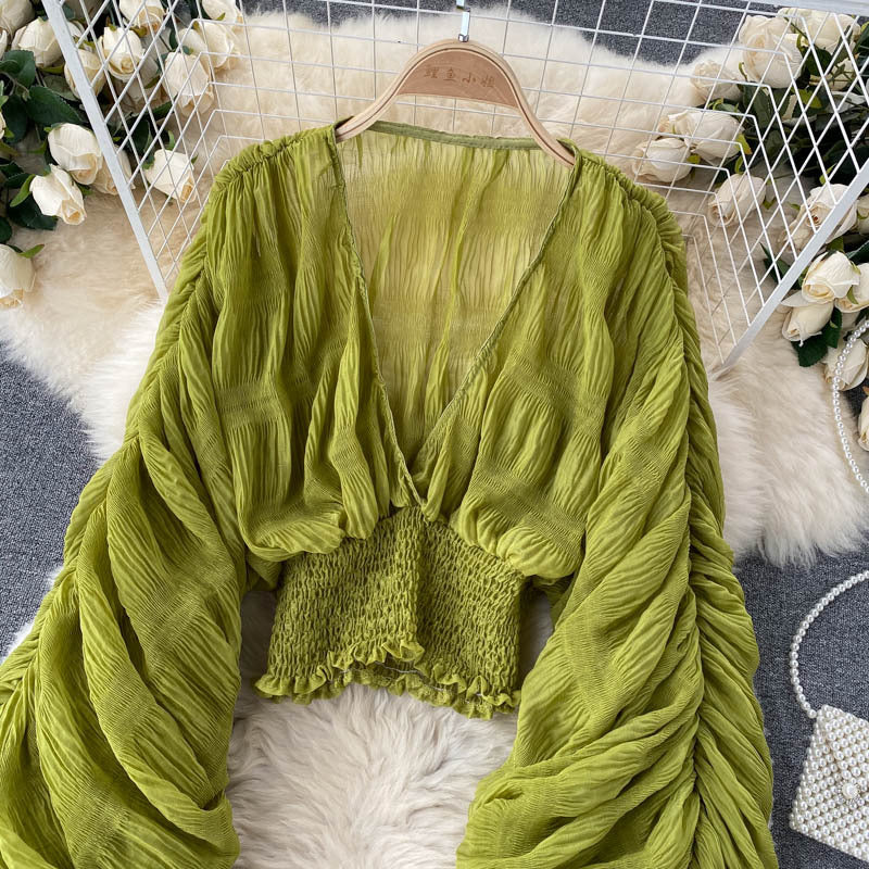 Pleated Puff Sleeves Slim Short Fashionable Chiffon Shirt Tops 29