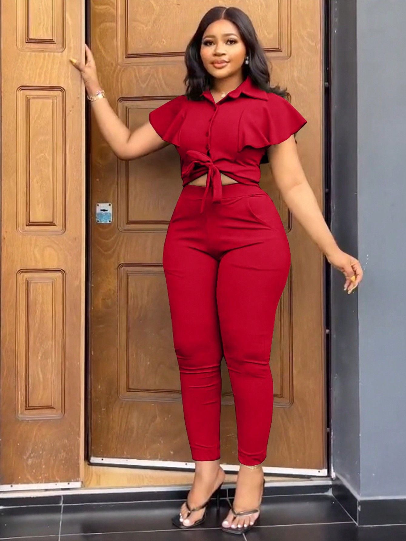 Women Turndown Collar Top and Pocket Pants Two Piece