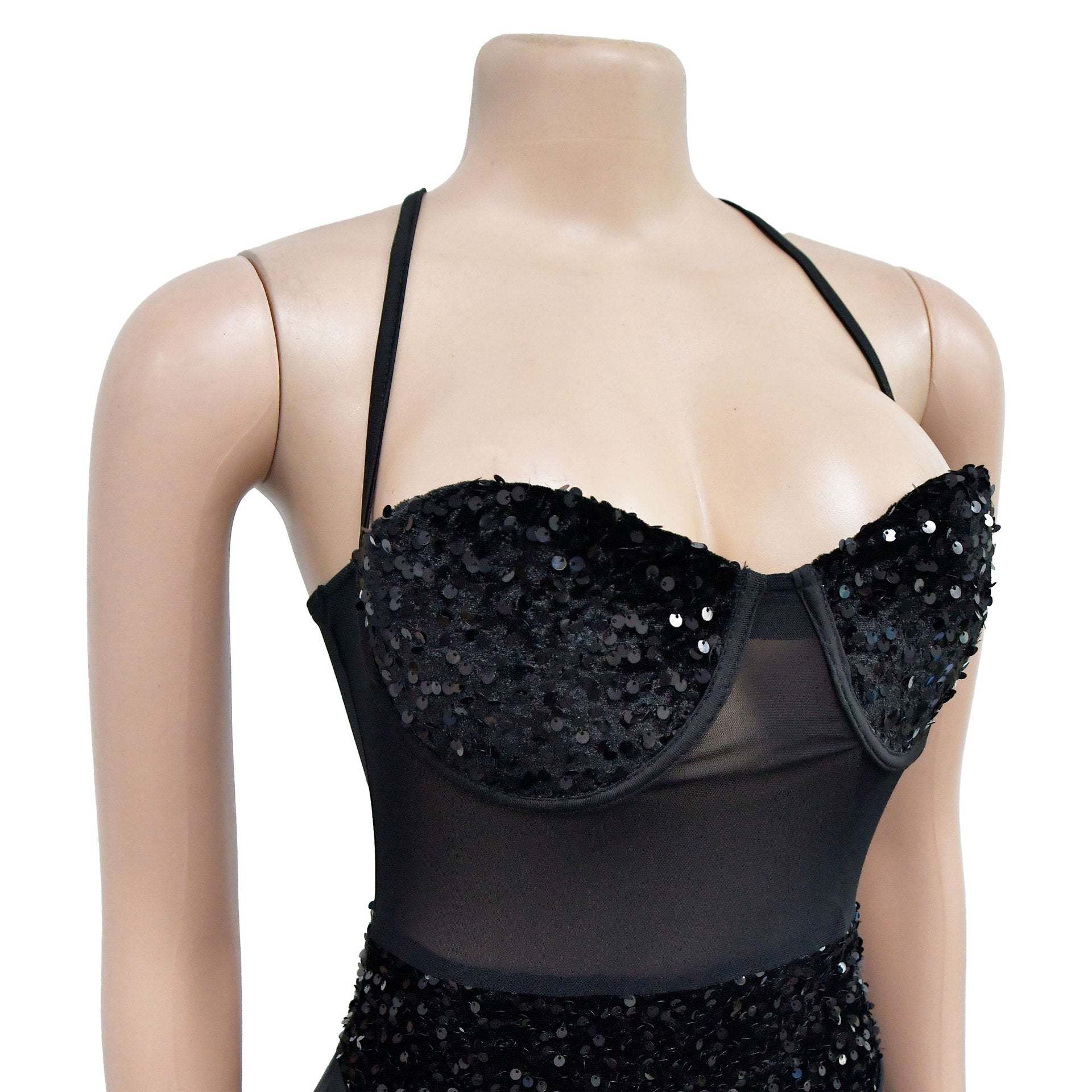 Fashion Women's Solid Color Sexy Strapless See-Through Sequin Dress 15