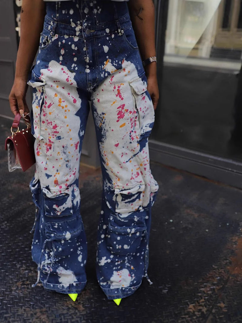 Women Elastic Off-Shoulder Cargo Splash Ink Bell Bottom Denim Jumpsuit 6