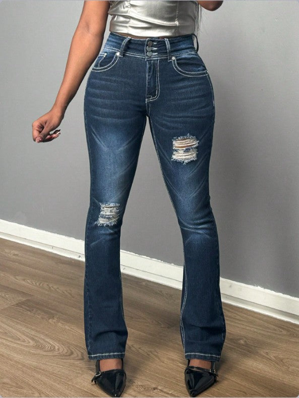 Women Ripped Dark Blue Denim Pants 6