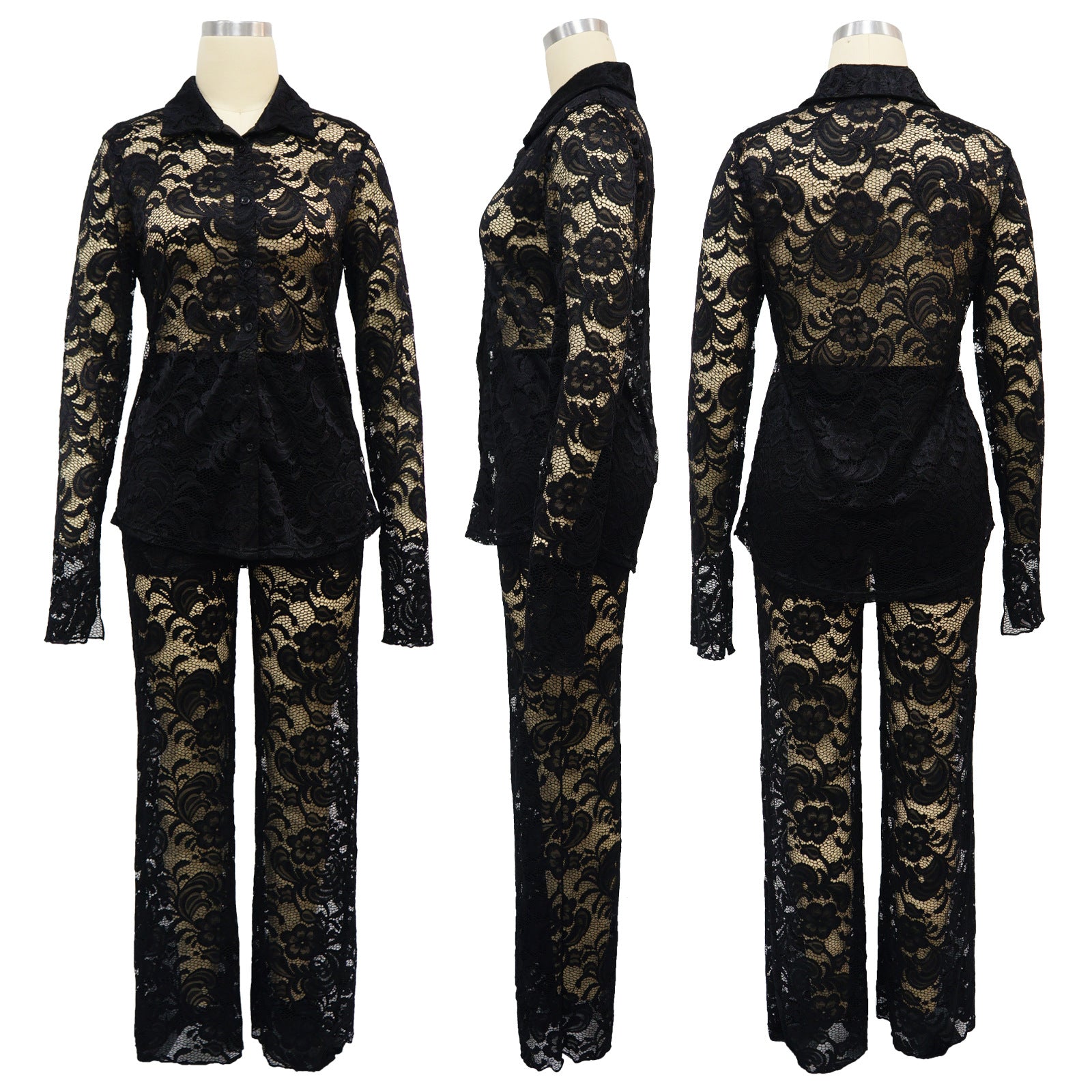 Summer Women Sexy Lace Pattern Turndown Collar See-Through Top and Pant Two-piece Set 10