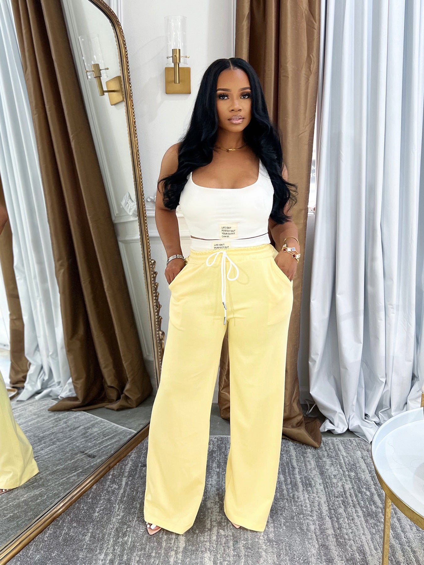 Women Sports Tank Top and Drawstring Wide-leg Pants Two-piece Set 8