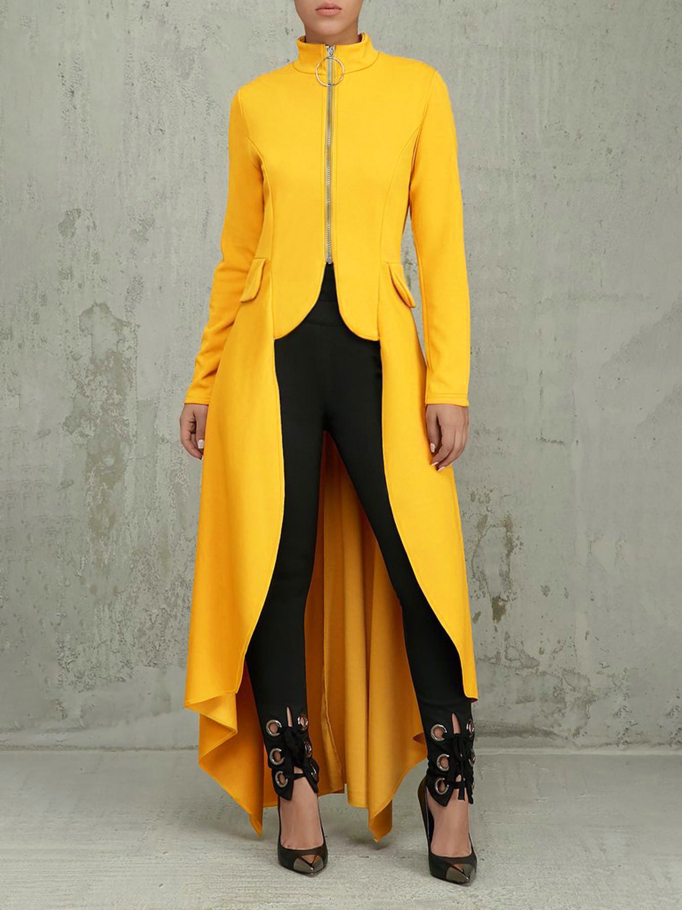 Women Long Sleeve Turtleneck Zipper Fake Pocket Irregular Dress 5