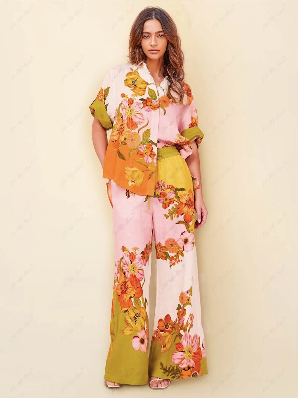 Women Floral Print Short Sleeve Color Block Casual Top and Pant Two Piece Set