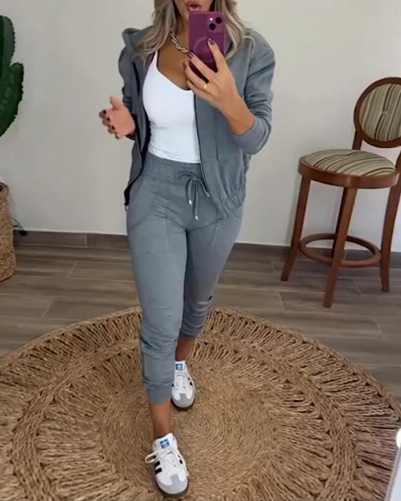 Women Solid Zipper Top+Pant Two Piece Set 3