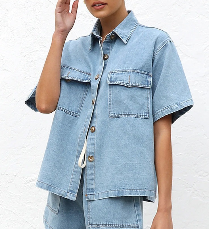 Women Retro Casual Pocket Short Sleeve Shirt and Denim Shorts two-piece set 10