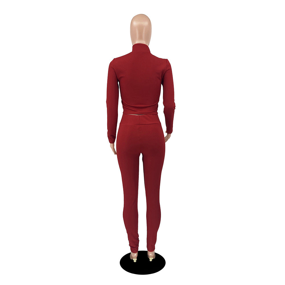 Women's Autumn Solid Color Ribbed Zipper Long Sleeve Tight Slim Sport Two Piece Pants Set 31