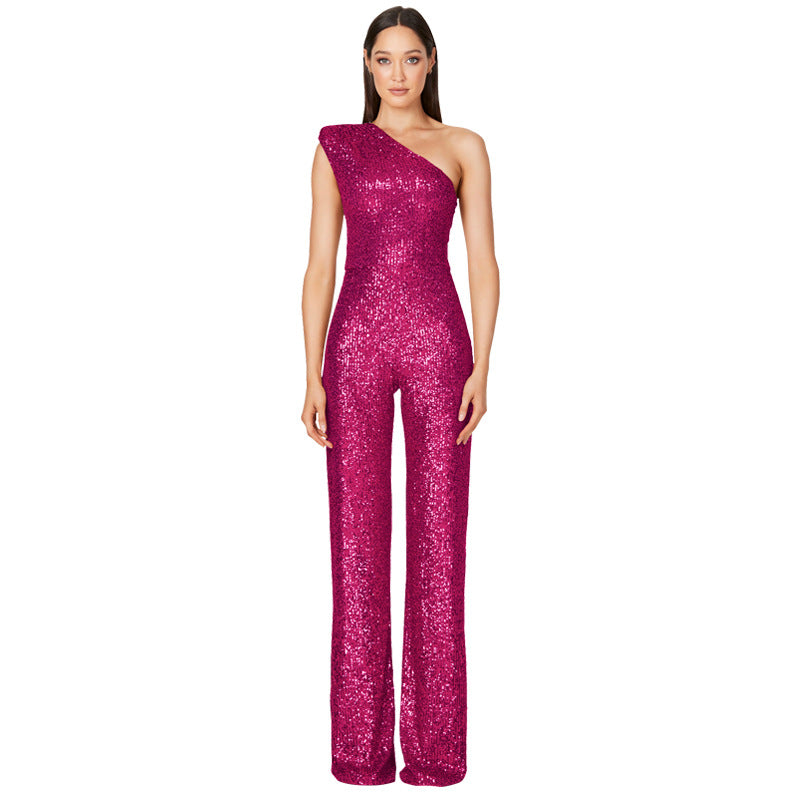 Women's Sleeveless One Shoulder Low Back Sequined Jumpsuit 13
