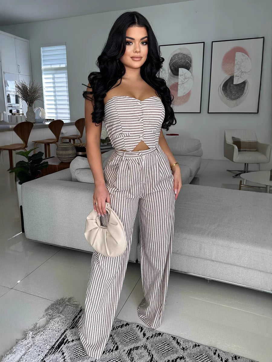 Women Backless Striped Sleeveless Strapless Top and Pants Two-piece Set 3