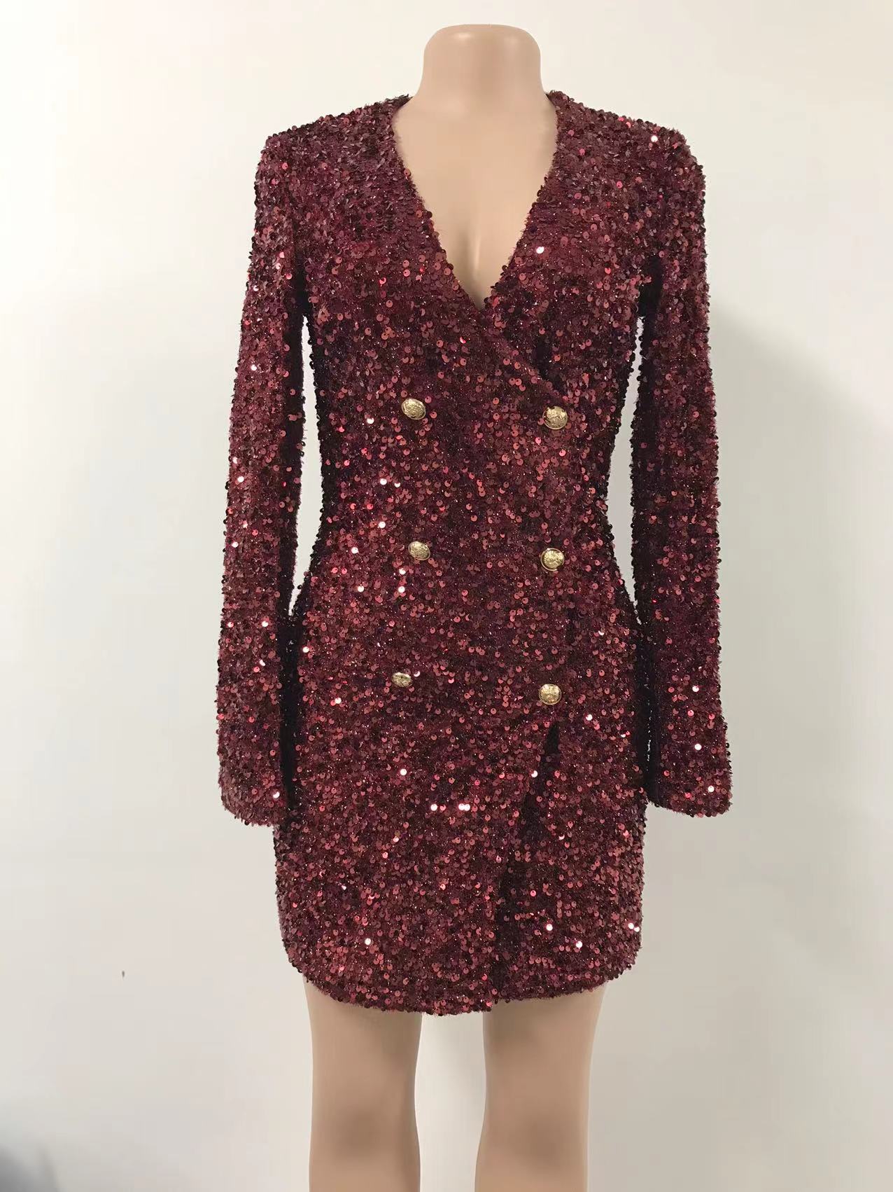 Women Sexy Black Sequins double breasted long sleeve career dress 7