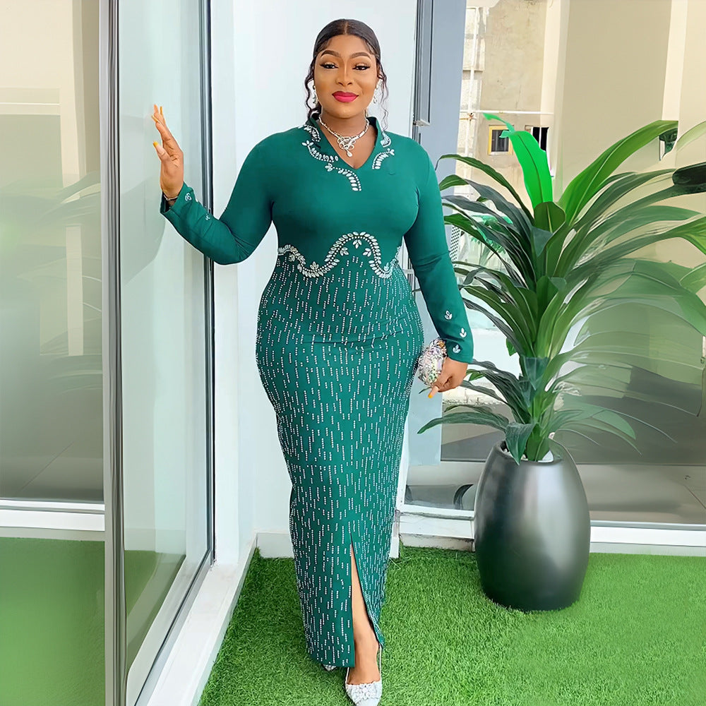 Africa Plus Size Women's Beaded V-Neck Bodycon Chic Elegant Dress 3