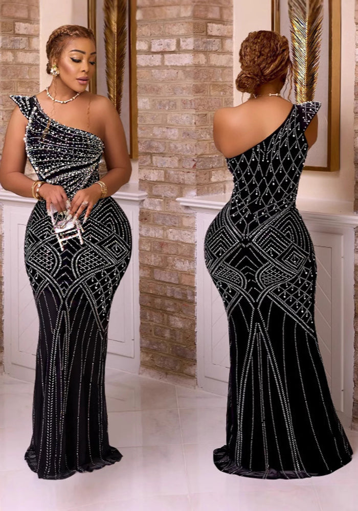 Women Soid Bodycon Slash Shoulder Sequin Dress