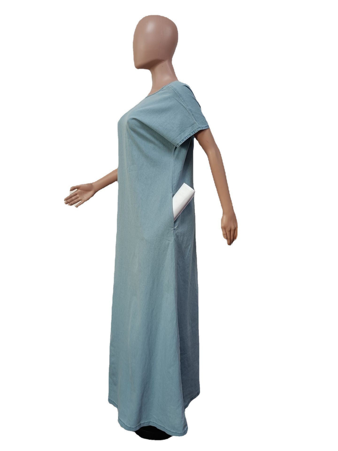 Vintage Loose Deep V Low Back Long Denim Dress 11