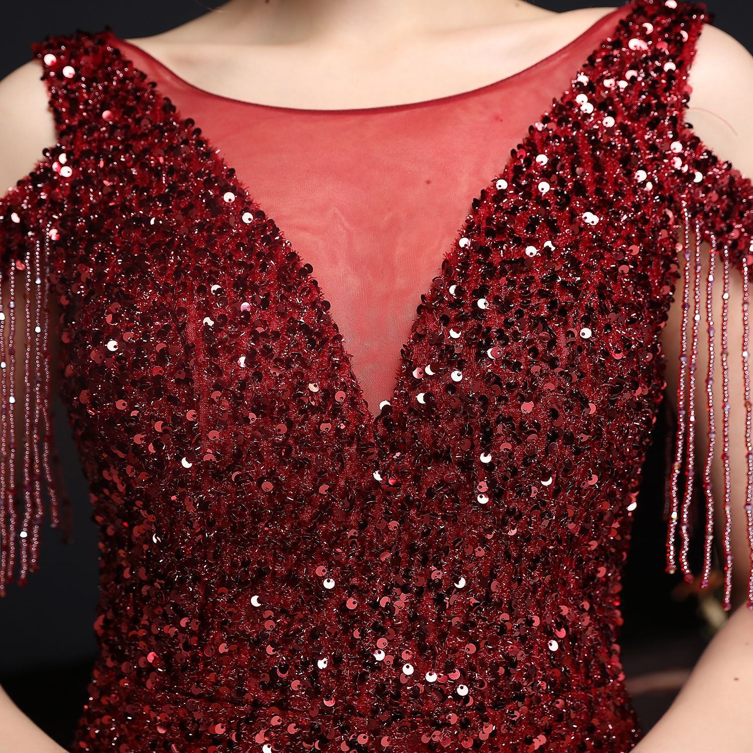 Summer formal sequin cutout shoulder tassel evening dress 22