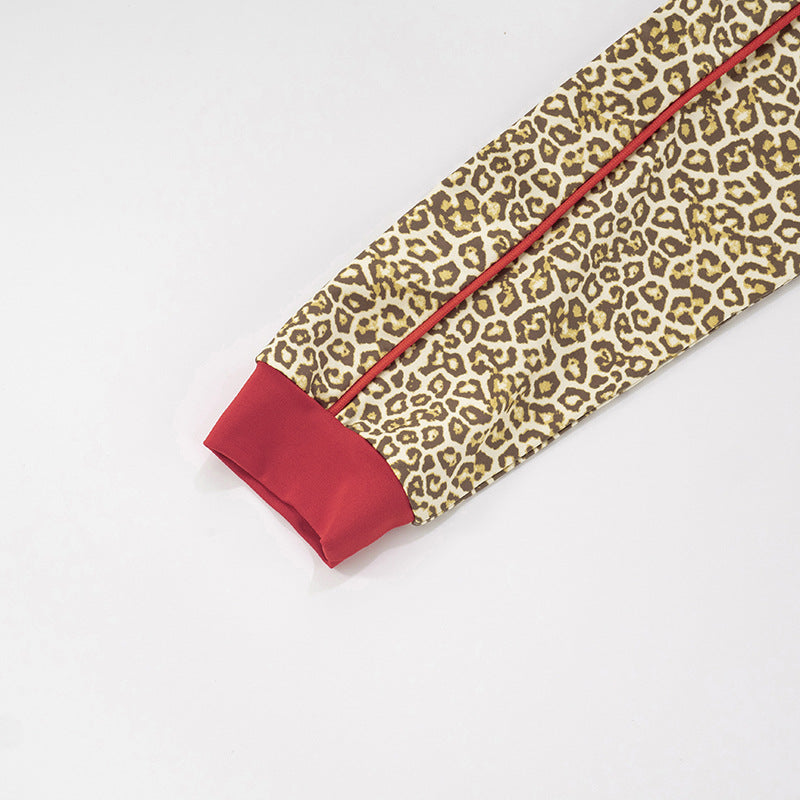 Women's Leopard Print Color Block Long Sleeve Zipper Coat Drawstring Shorts Two-Piece Set 15