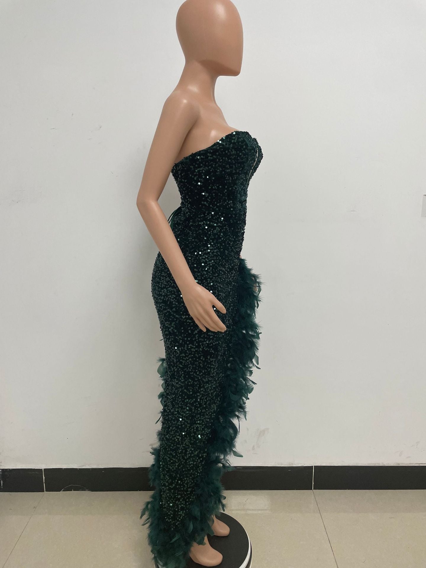 Women Sexy Off Shoulder Backless Sequin Feather Dress 30