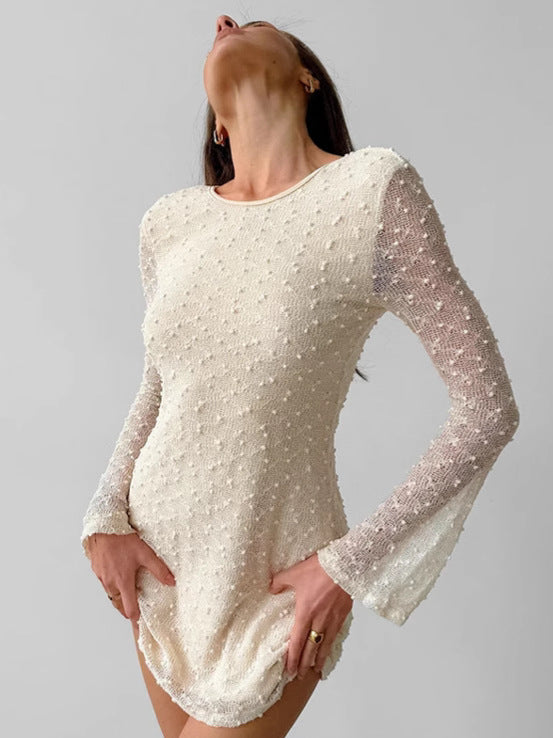 Sexy Slim Round Neck Lace Jacquard Spring Fashion Short Dress 5